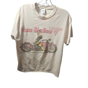 Van Halen Graphic T-Shirt Cream Retro Motorcycle Design Gildan Heavy Cotton Size